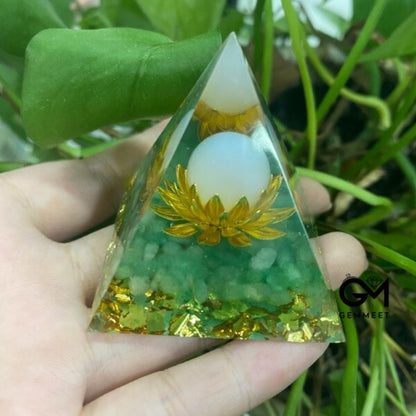 Green Aventurine Clear Quartz Lotus Symbol Orgone Pyramid