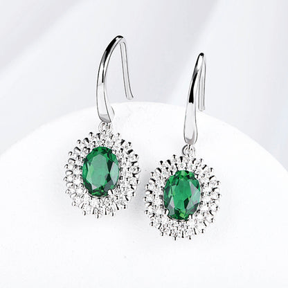 White Gold Oval Emerald Gem Drop Earrings with Worldwide Setting Stones