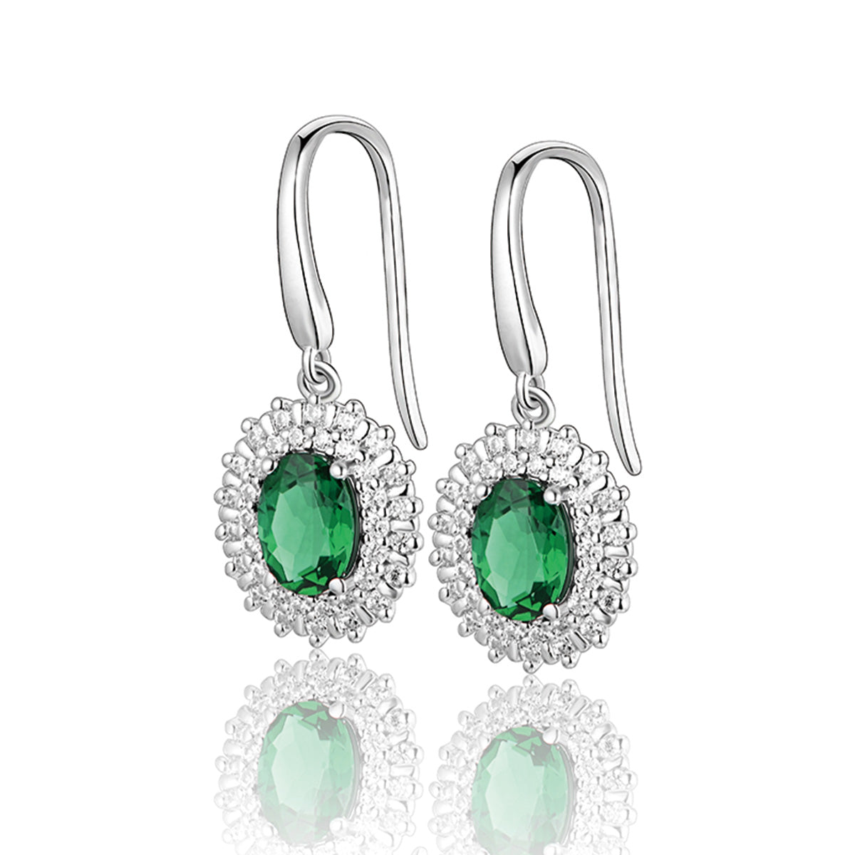 White Gold Oval Emerald Gem Drop Earrings with Worldwide Setting Stones