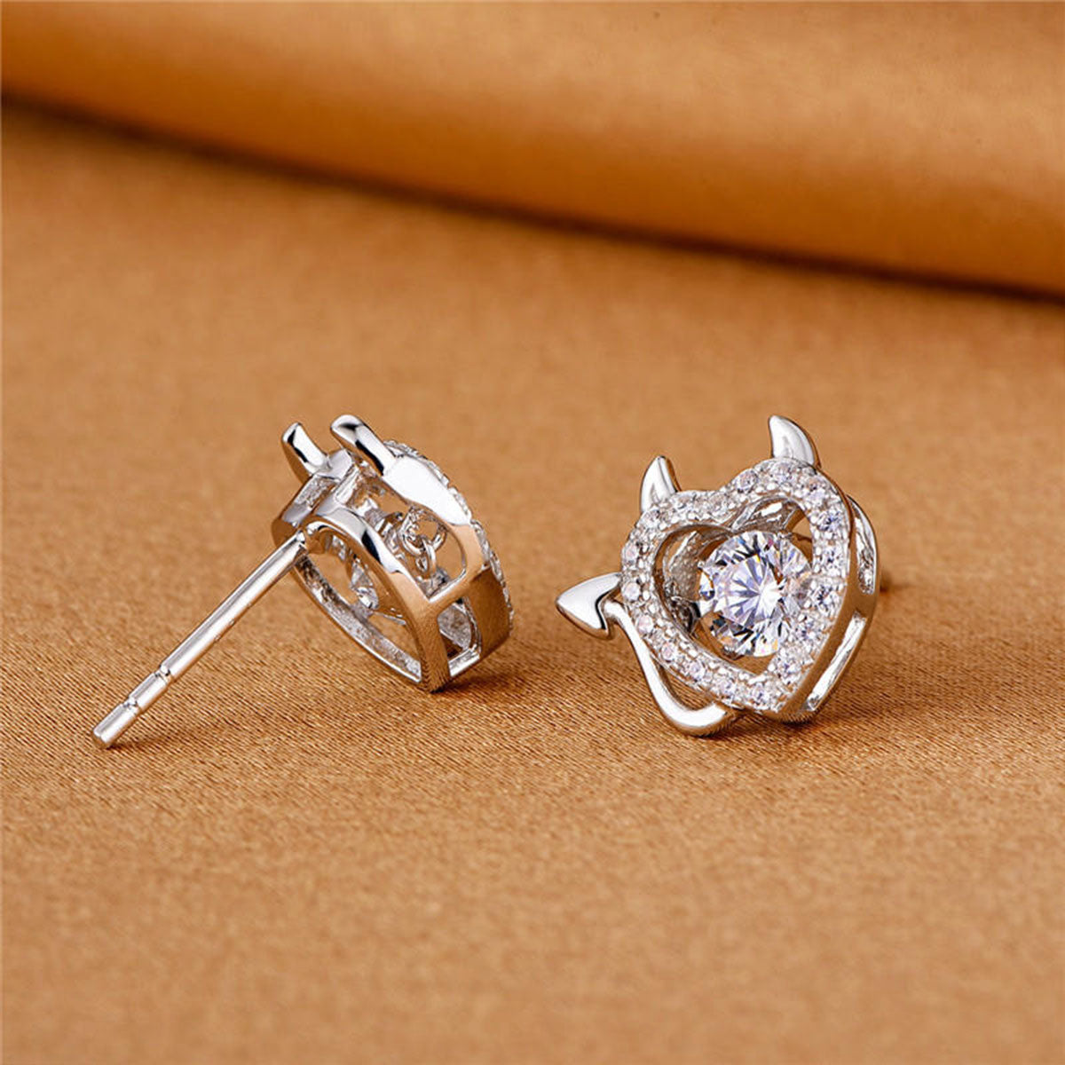 White Gold Little Demon Heart Shape Beating Hollow Stud Earrings