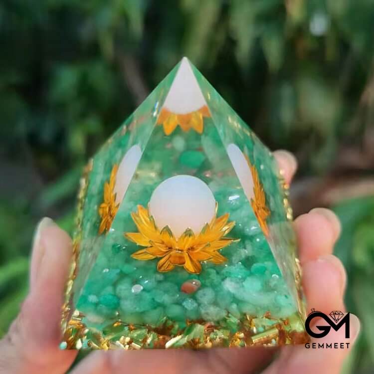 Green Aventurine Clear Quartz Lotus Symbol Orgone Pyramid