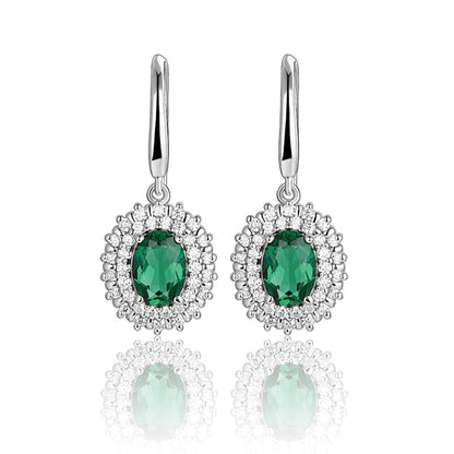 White Gold Oval Emerald Gem Drop Earrings with Worldwide Setting Stones