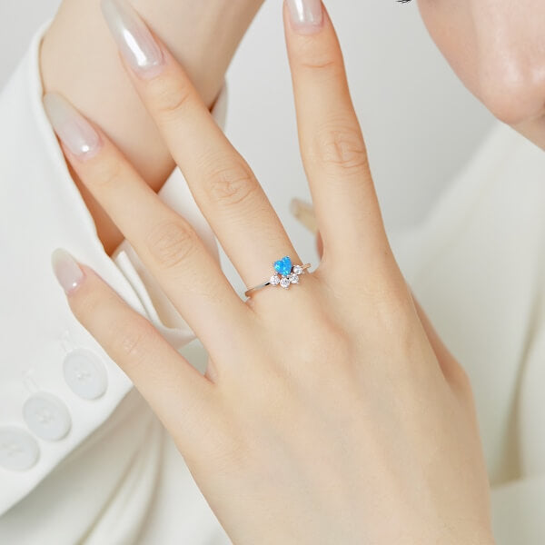 S925 Sterling Silver Blue Heart-shaped Opal Ring