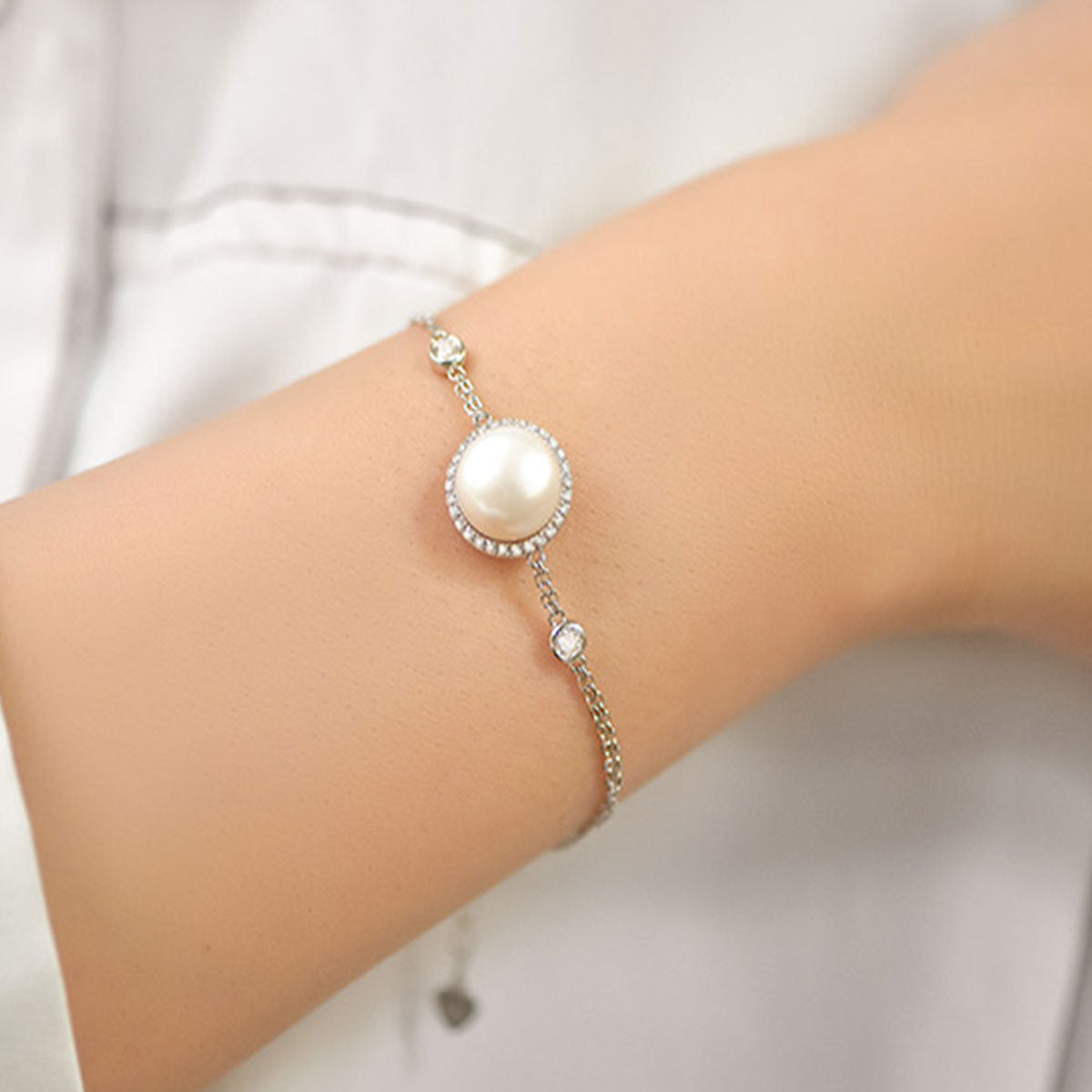 White Gold Big Organic Pearl Halo Bracelet