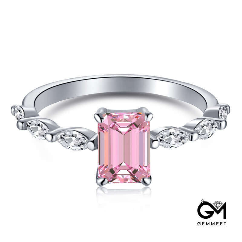 S925 Sterling Silver Square Pink Zircon Ring