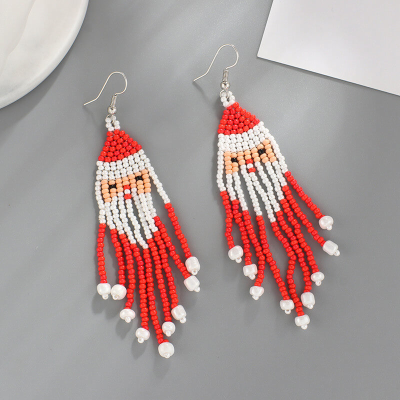 Christmas Tassel Earrings Handwoven Christmas Tree Santa Claus Bead Earrings