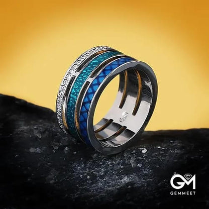 Handmade Three-Layer Blue Zircon Enamel Geometric Ring