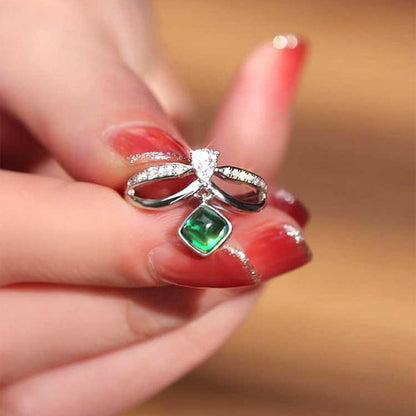 White Gold S925 Dangle Drip Emerald Hollow Adjustable Ring