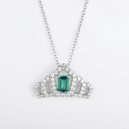 Sterling Silver Necklace with Square Emerald Gem Crown Pendants