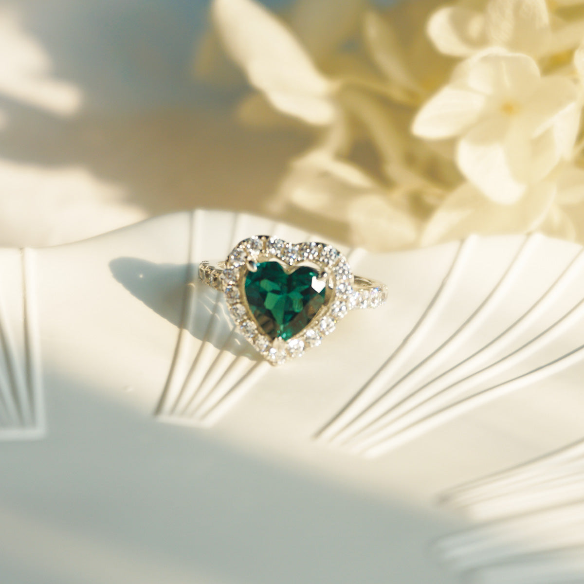 White Gold Heart Emerald Full Stones Signet Ring