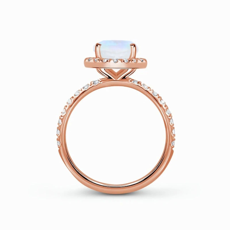 Rose Golden Oval Cut Moonstone Halo Ring