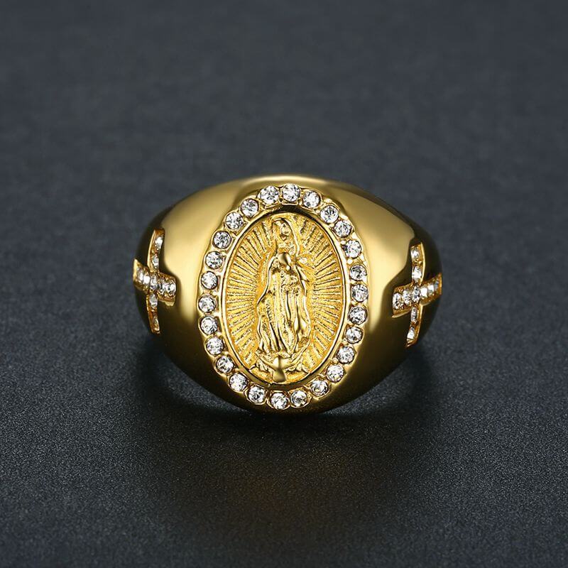 Hip-hop Jewelry Titanium Steel Gold-plated Inlaid Cubic Zirconia Virgin Mary Men's Ring