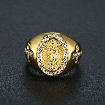 Hip-hop Jewelry Titanium Steel Gold-plated Inlaid Cubic Zirconia Virgin Mary Men's Ring