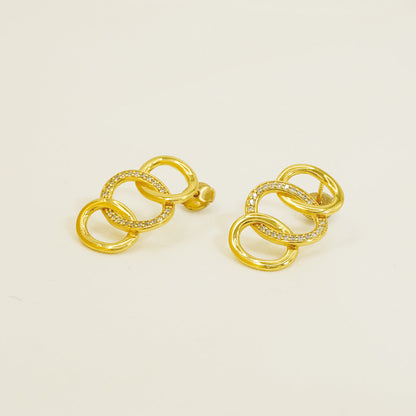 Golden Hammered Triple White Stones Hoop Earrings