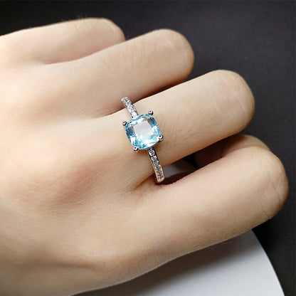 Inlaid Imitation Blue Topaz Baguette Ring Luxury Colored Gemstone Ring