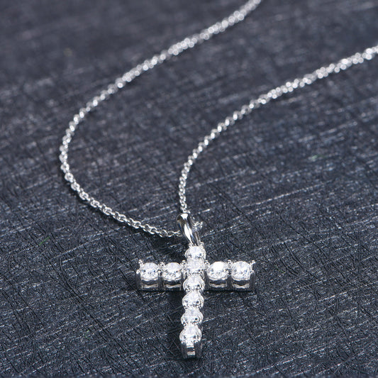 Sterling Silver Tennis Cross Pendant with Round Brilliant Cut Stones