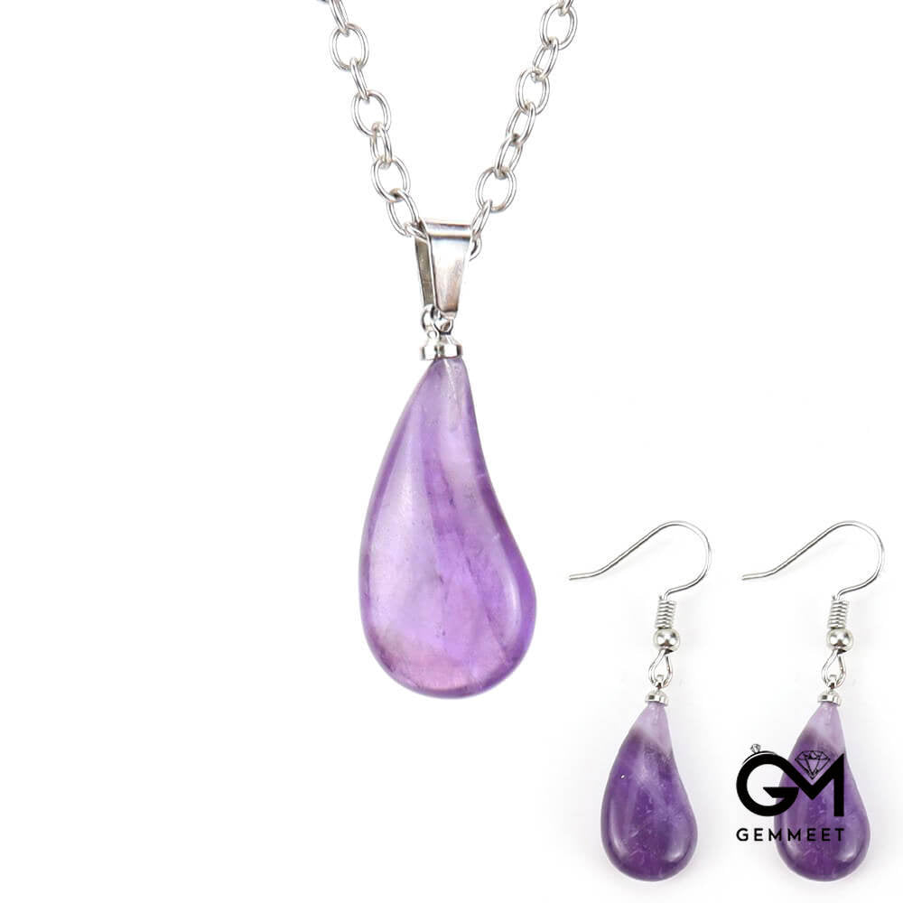 Stainless Steel Crystal Amethyst Drop Pendant Necklace