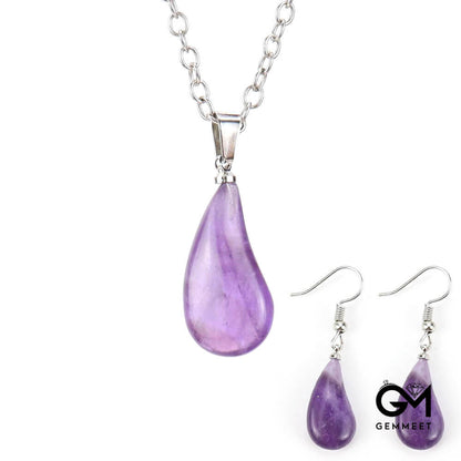 Stainless Steel Crystal Amethyst Drop Pendant Necklace