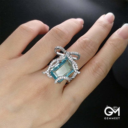 New Brilliant Imitation Aquamarine Bow Ring Fire Santa Maria Imitation Topazche Ring