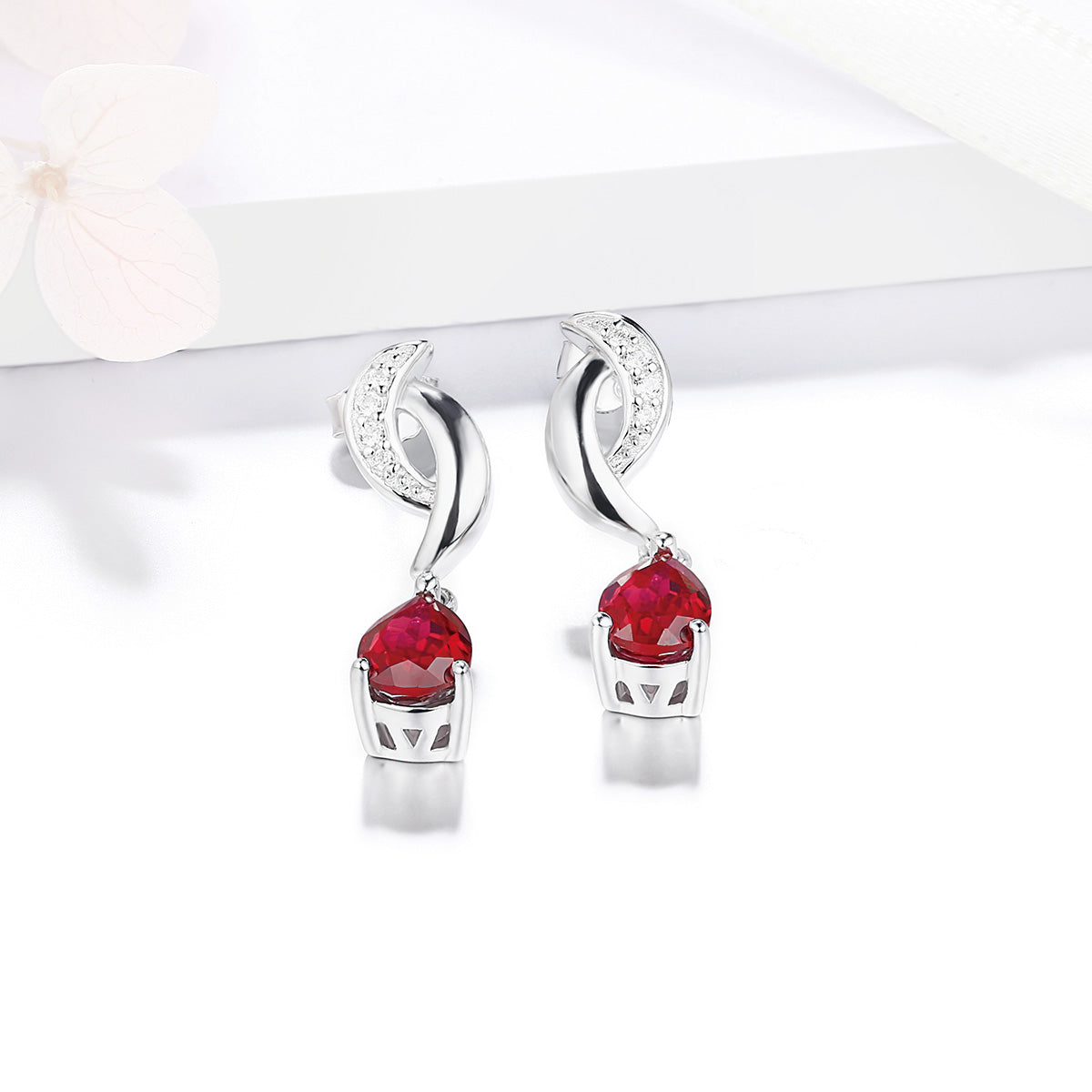 White Gold Hollow Drop Earrings with Pear Brilliant Cut Ruby Gem