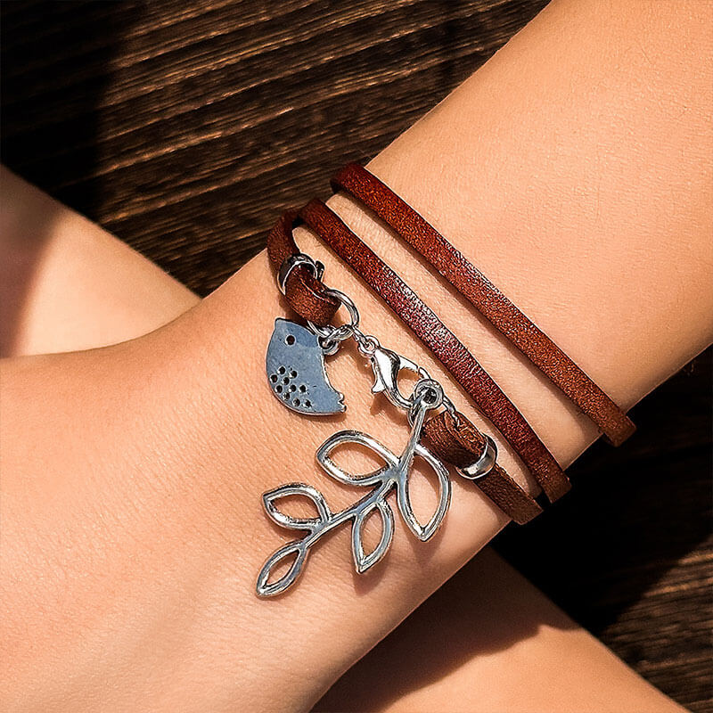 Ethnic Style Hand-woven Gravel Bracelet Retro Bird Multi-layer Winding Leaves Hand Rope