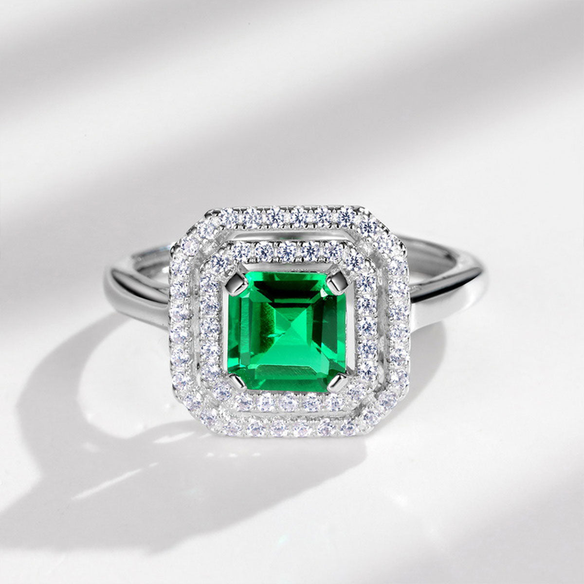 White Gold S925 Square Cut Emerald Halo Signet Ring