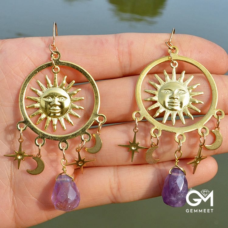 Sun Moon Stars Raindrop Crystal Earrings