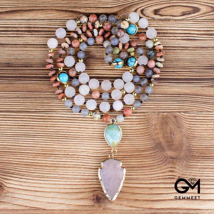 Rose Quartz Mala Prayer Arrowhead Pendant Necklace