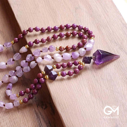 Purple Jade Amethyst  Beaded Mala Necklace