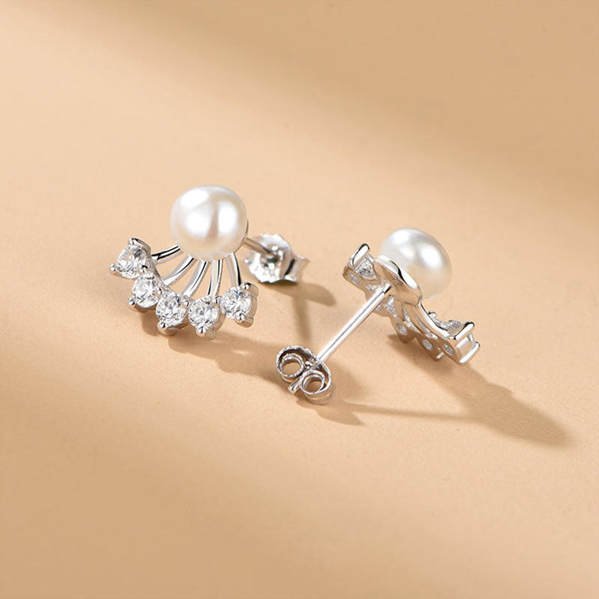 White Gold Organic Pearl Sector Shape Stud Earrings