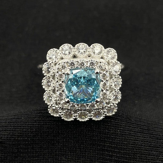 White Gold Cushion Shape Layered Stones Blue Gem Halo Ring