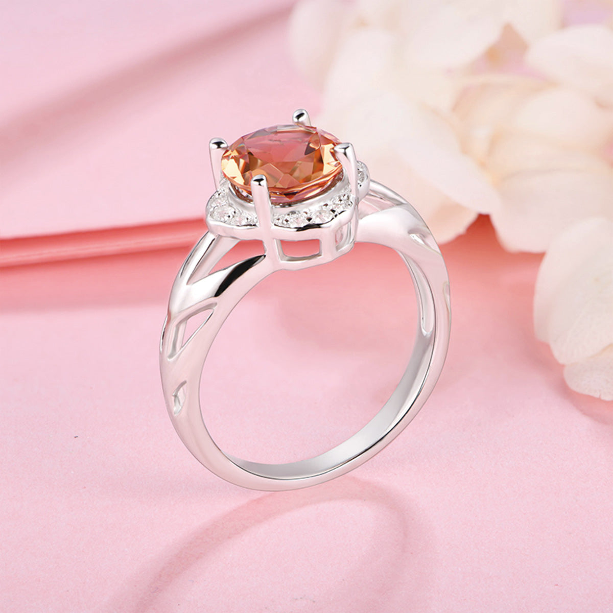 White Gold Hollow Flower Shape Round Orange Sapphire Signet Ring