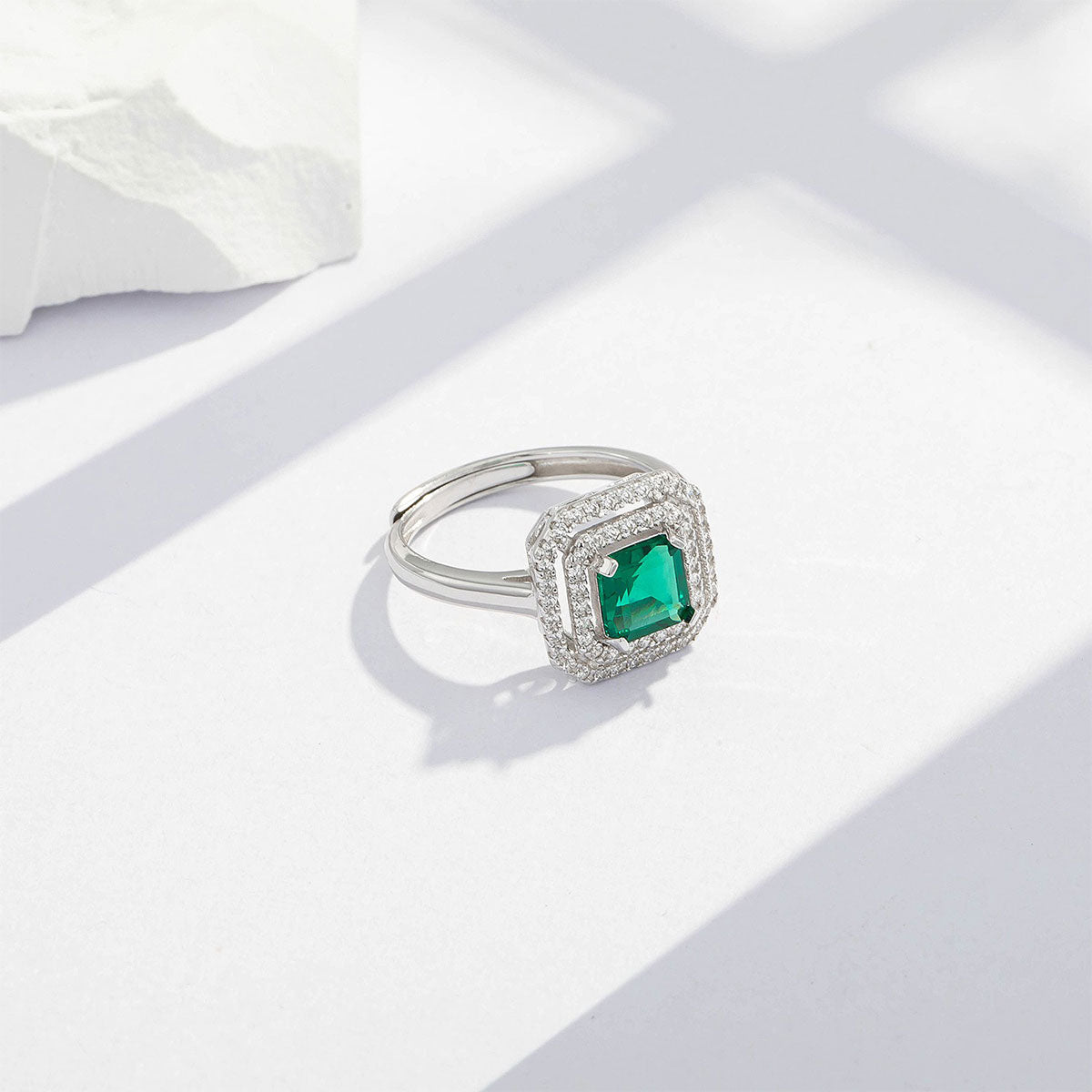 White Gold S925 Square Cut Emerald Halo Signet Ring