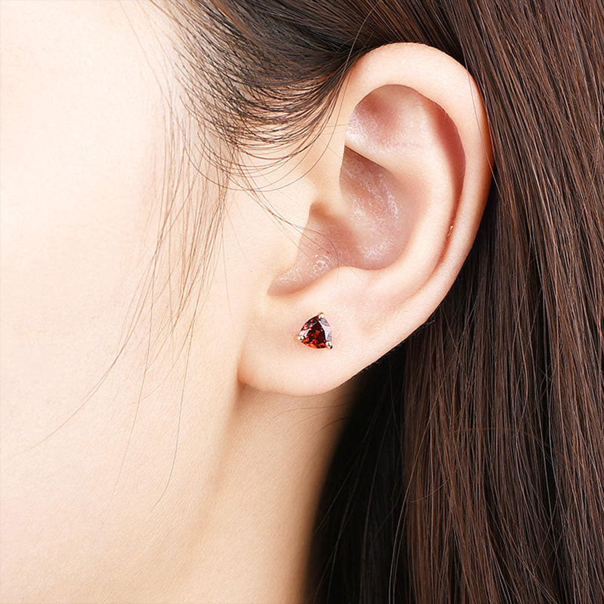 Rose Gold Triangle Ruby Garnet Stud Earrings