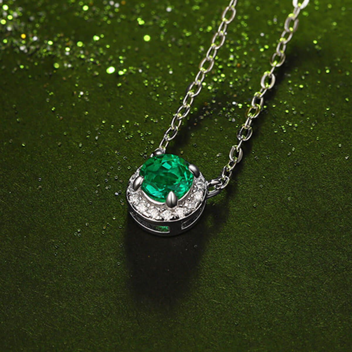 White Gold Halo Emerald Pendant Chain