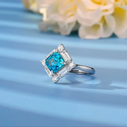 White Gold S925 Silver Square Cut Blue Gem Signet Ring