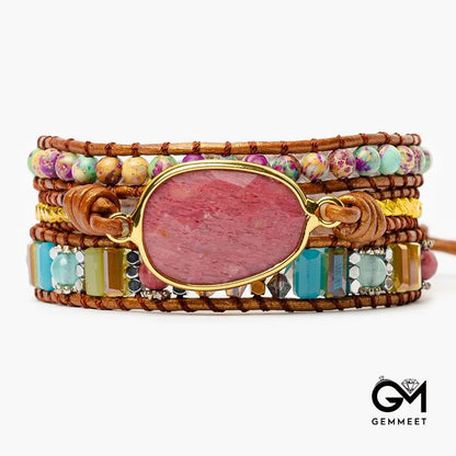 Natural Rhodochrosite Handwoven Ladies Wrap Bracelet