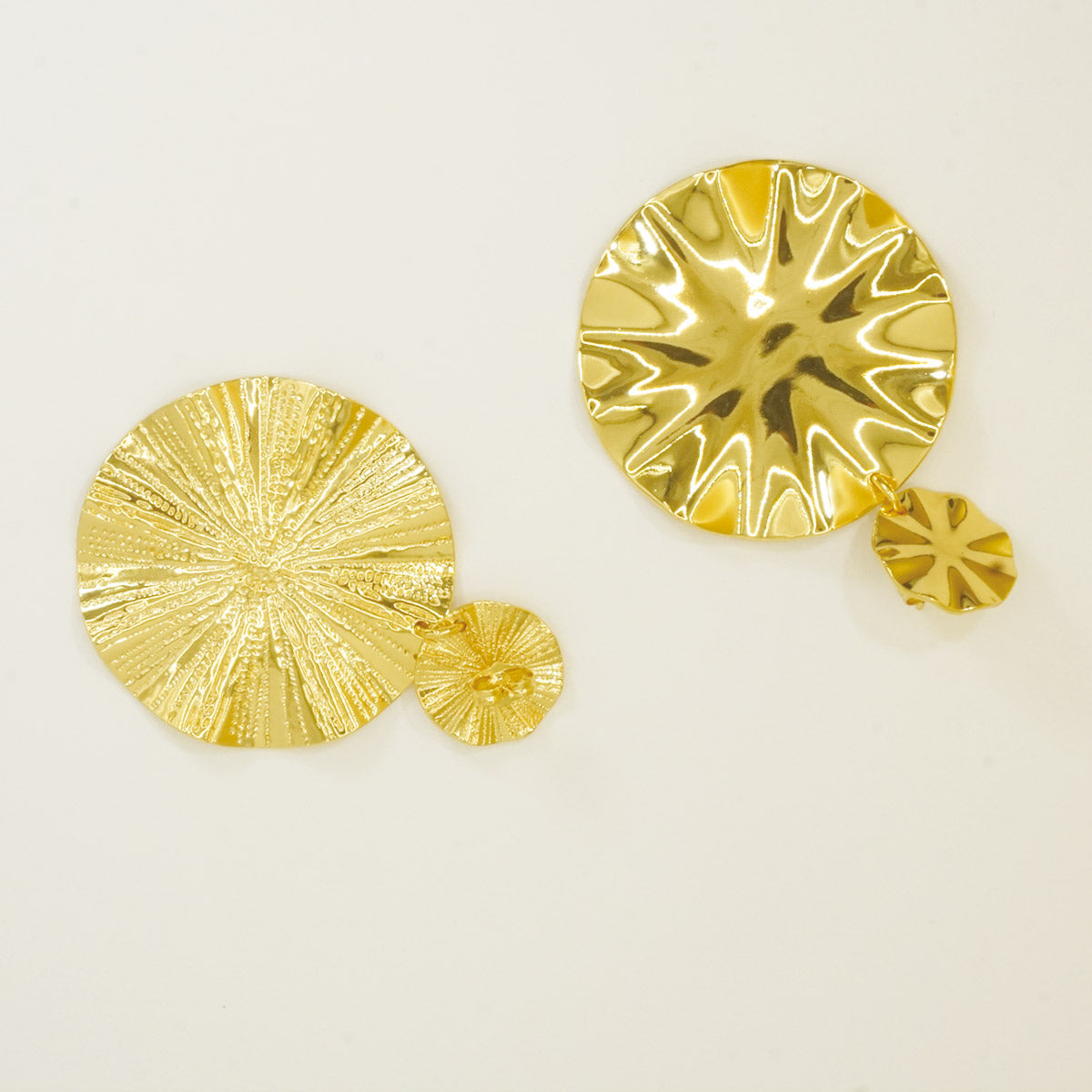 Wavy Textures Disc Gold Big Drop Earrings