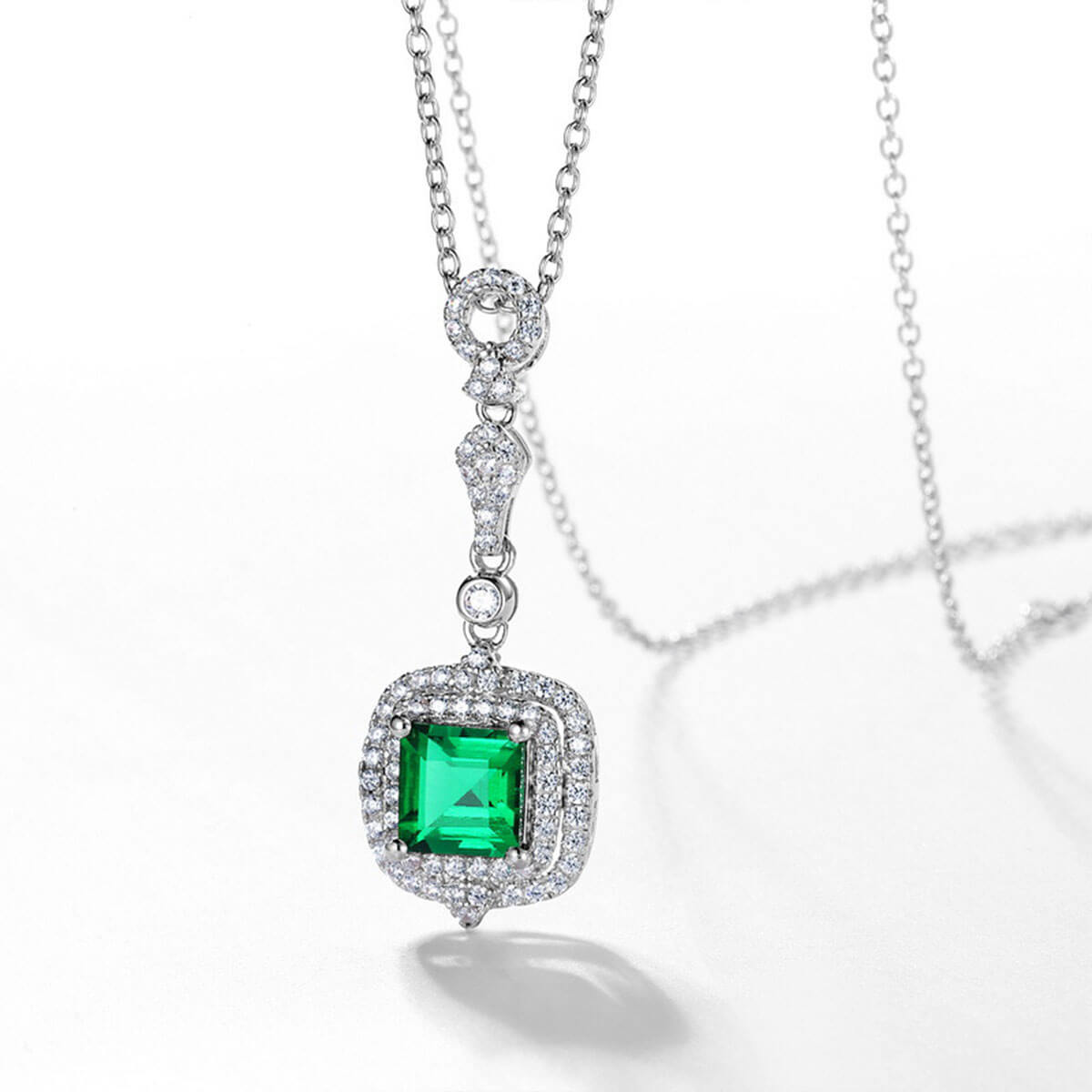 White Gold Cushion Shape Double Halo Emerald Chain