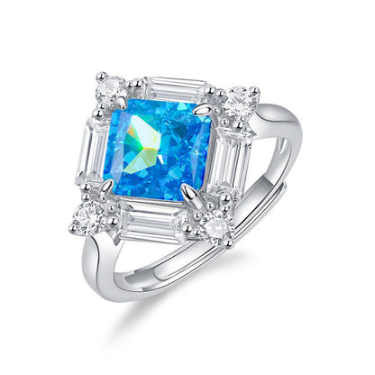 White Gold S925 Silver Square Cut Blue Gem Signet Ring