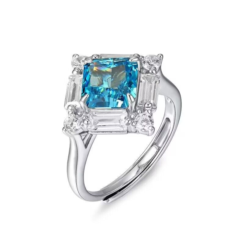 White Gold S925 Silver Square Cut Blue Gem Signet Ring