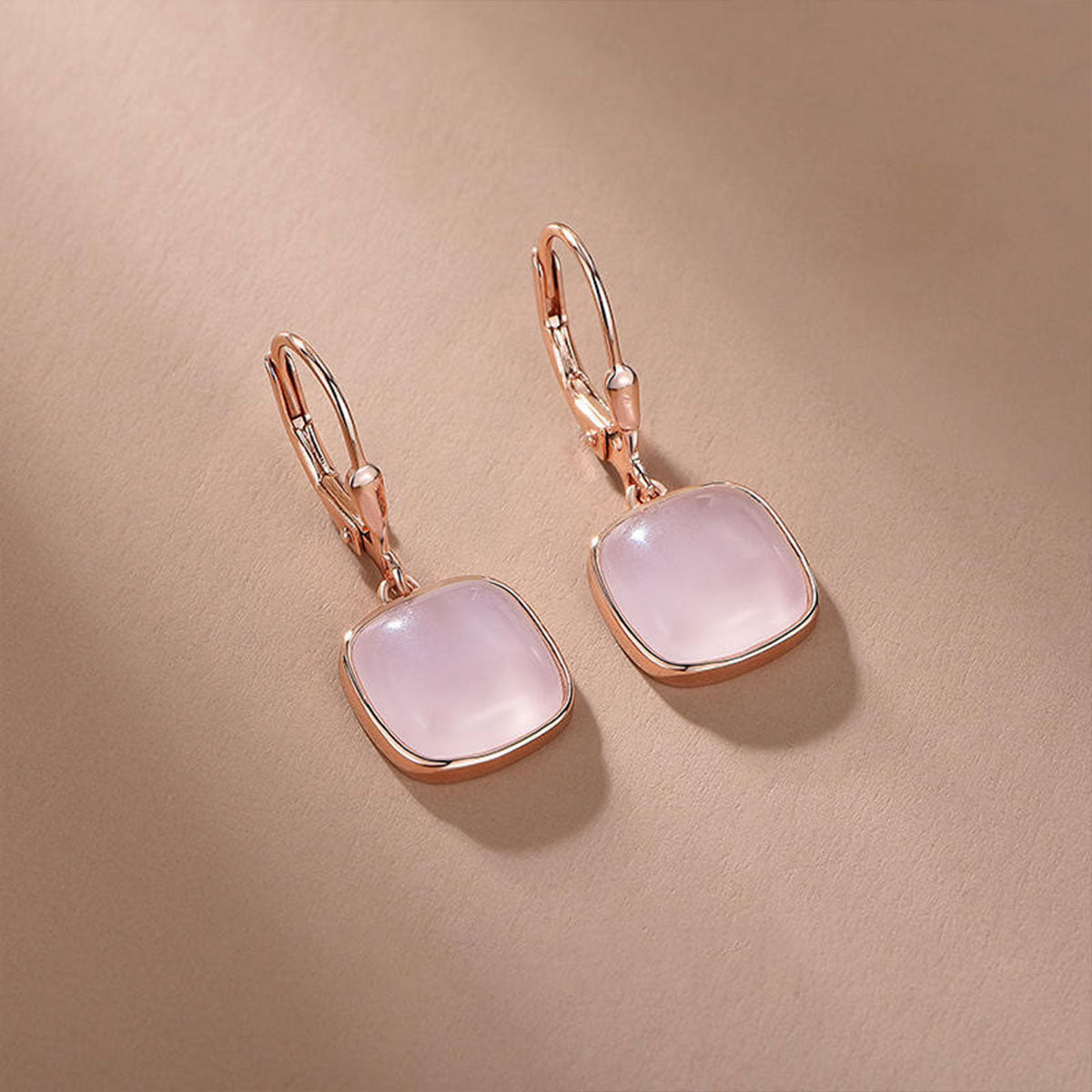 Rose Gold Square Pink Gem Dangle Earrings