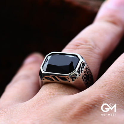 Retro Simple Stainless Steel Black Zircon Ring