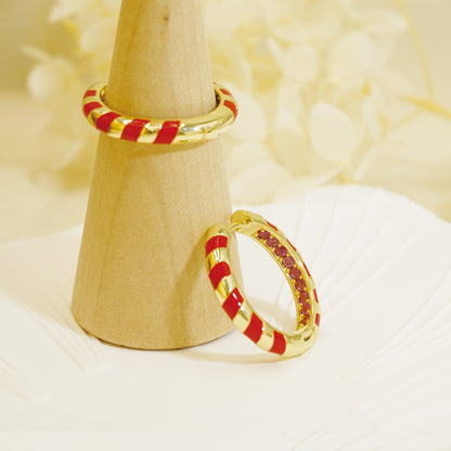 Red Stripe Round Gold Hoop Earrings for Women