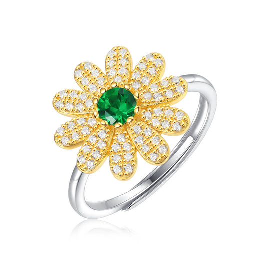 White Gold S925 Silver Emerald Flower Shape Ring