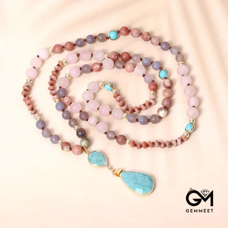 Rose Quartz Mala Prayer Arrowhead Pendant Necklace