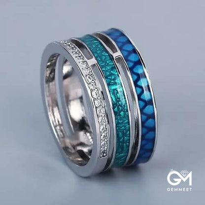 Handmade Three-Layer Blue Zircon Enamel Geometric Ring