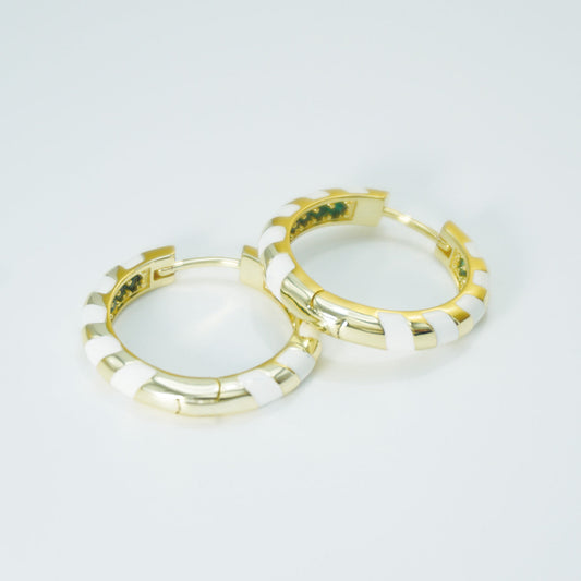 White Stripe Enamel Gold Hoop Earrings