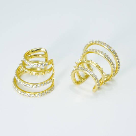 Line Juxtaposed Full Stones Clip-On Gold Hoop Earrings