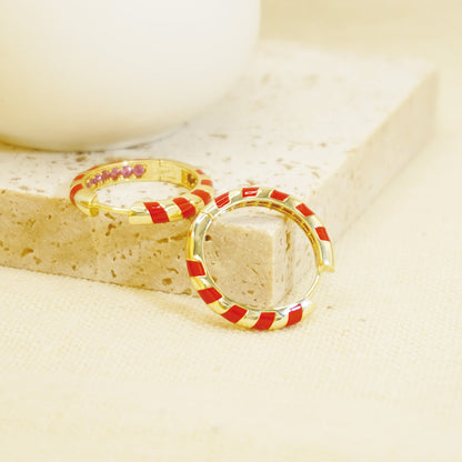 Red Stripe Round Gold Hoop Earrings for Women